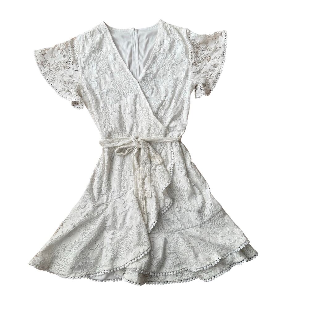 White Lace Fit & Flare Belted Wrap Dress Sz L Boho 90's Y2K Indie Cottage Bridal